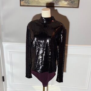 Express Purple Sequin Long Sleeve High Neck Bodysuit